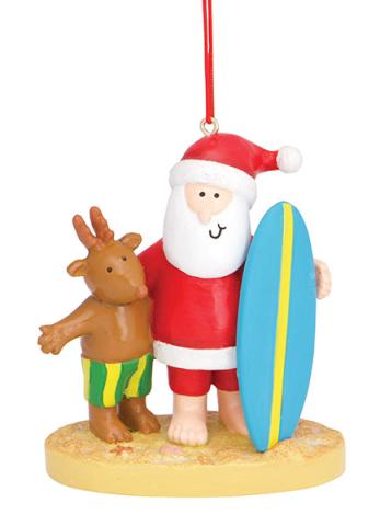 Resin Ornament - Santa & Friend with Surfboard