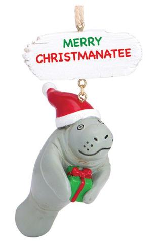 Resin Ornament - Manatee with Present